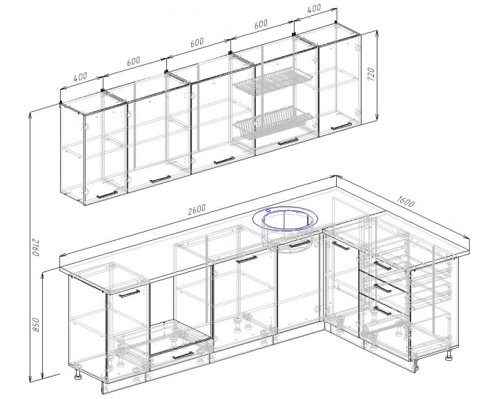 Кухонный гарнитур угловой Пайн 2600х1600 (стол. 26 мм)